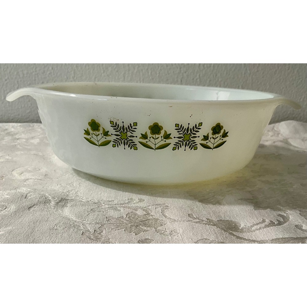 Vintage Anchor Hocking‎ Fire King Casserole Dish Green Floral USA